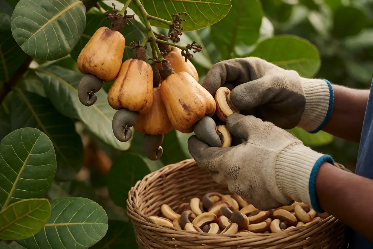Colheita de caju com luvas, separando a castanha do ped&uacute;nculo
