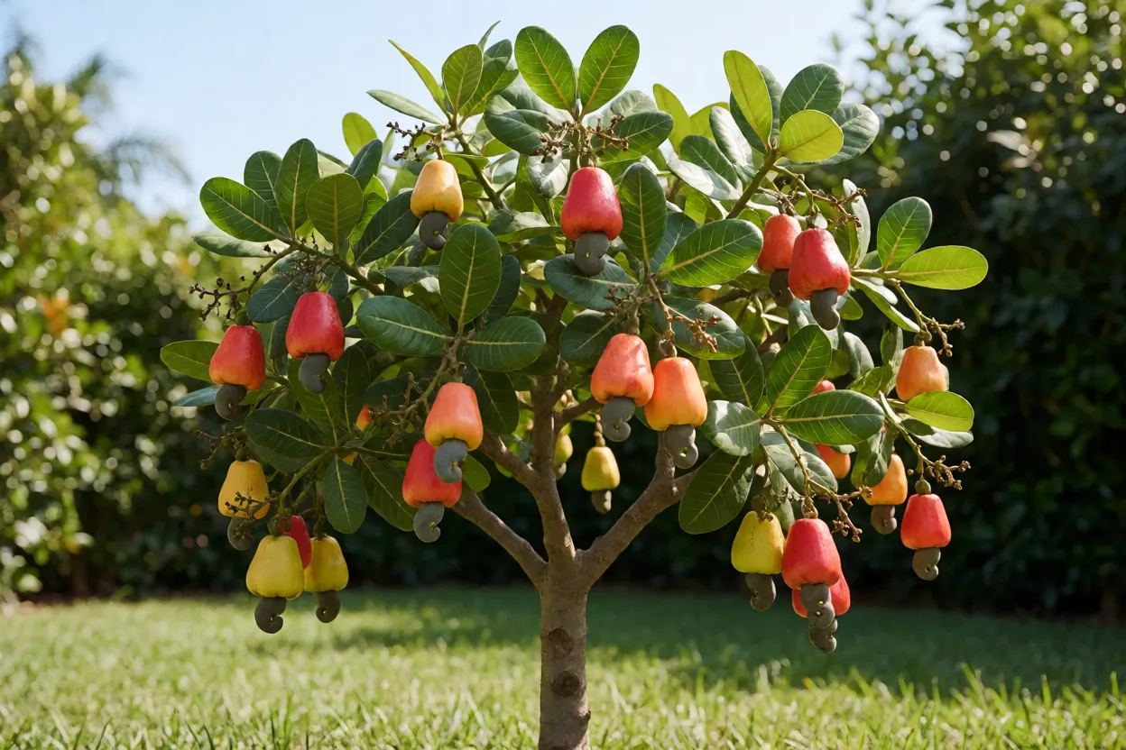 Cajueiro-an&atilde;o carregado de frutos em um quintal