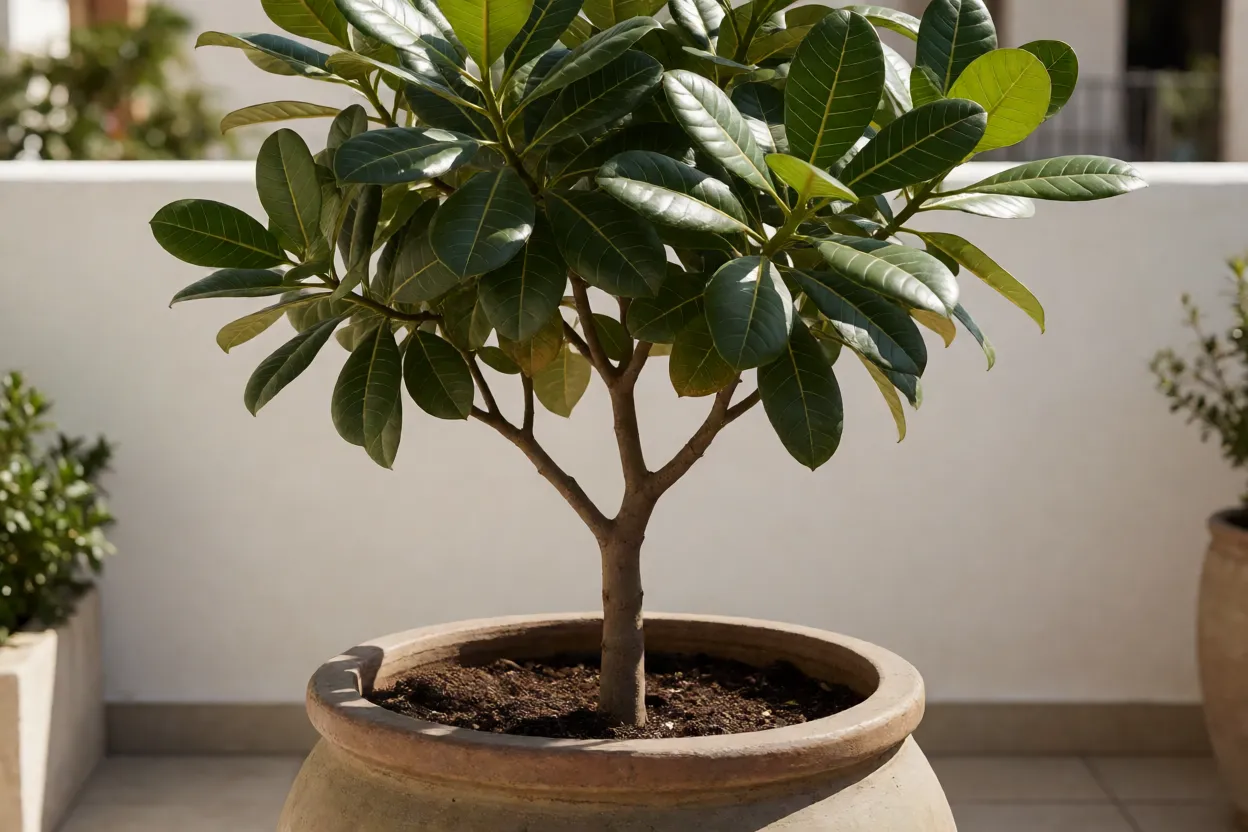 Cajueiro jovem cultivado em vaso grande no terra&ccedil;o