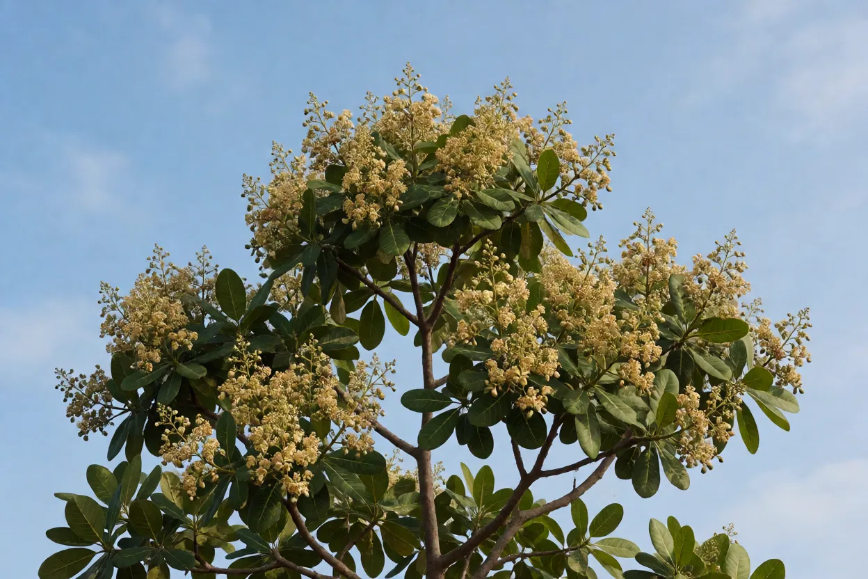 Cajueiro em plena flora&ccedil;&atilde;o com pan&iacute;culas abertas
