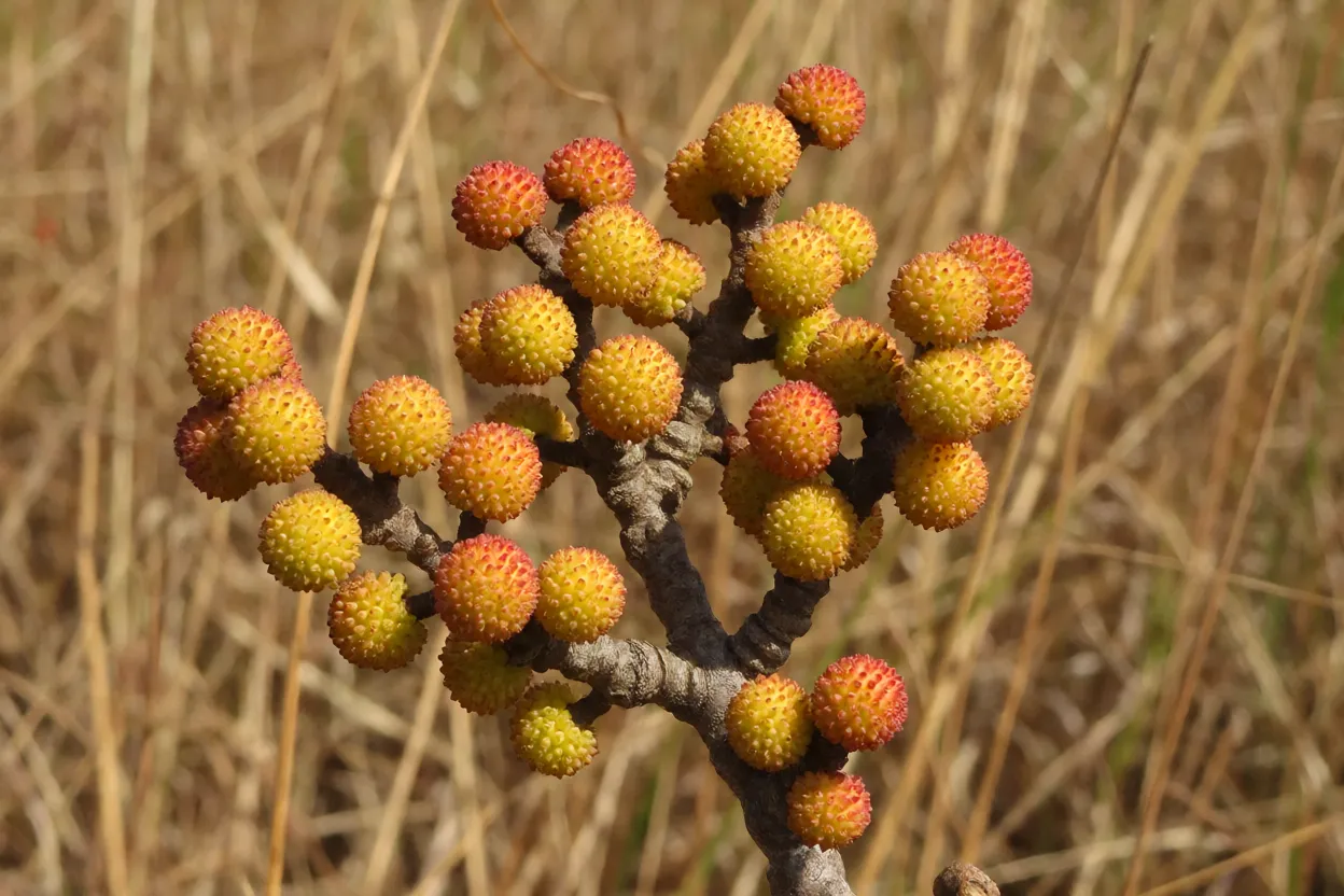 Frutos pequenos do cajuí com pedúnculo amarelo e castanha