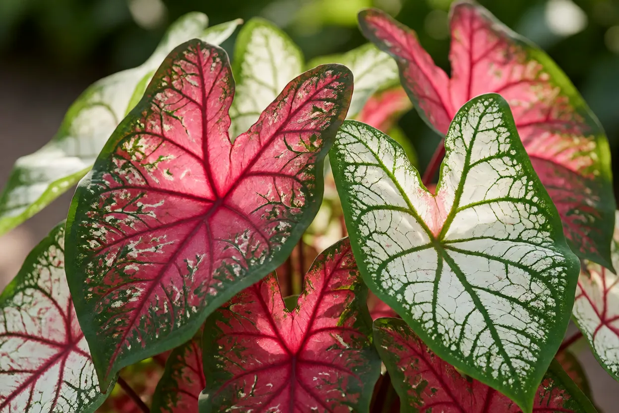 Folhas coloridas de cal&aacute;dio em tons de rosa, vermelho e branco sob luz natural