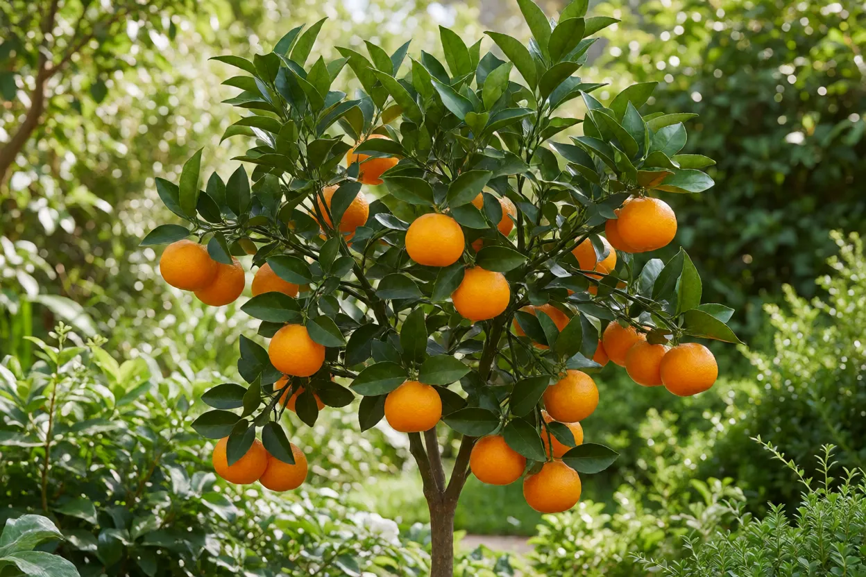 Árvore de calamondim carregada de frutos laranjas maduros no quintal