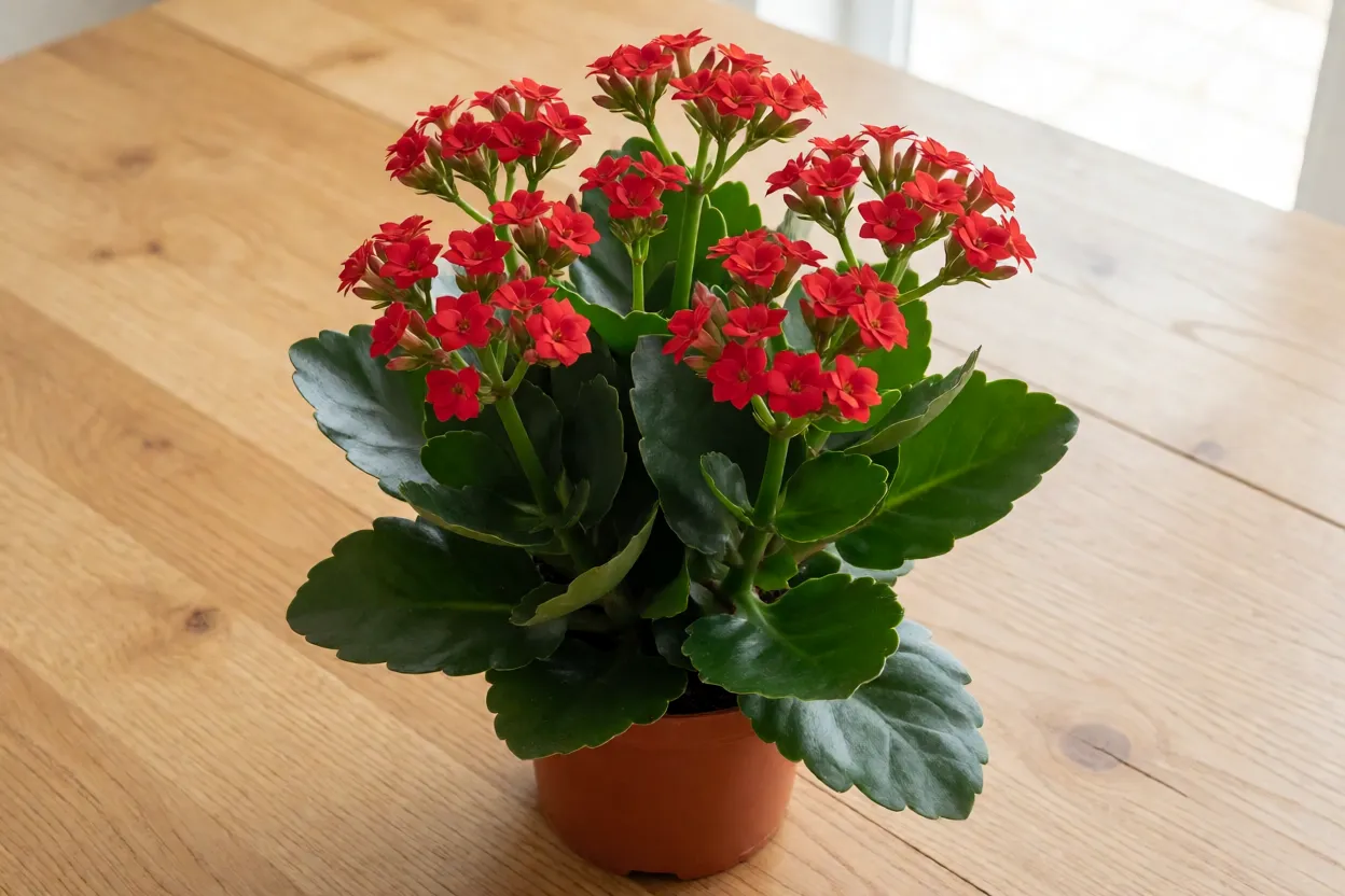 Calanchoê florida em vaso com flores vermelhas e folhas brilhantes
