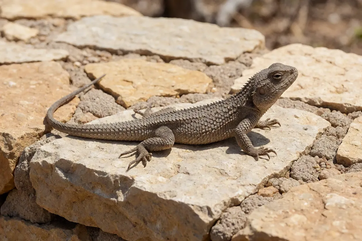 Calango adulto tomando sol em muro de pedras na Caatinga