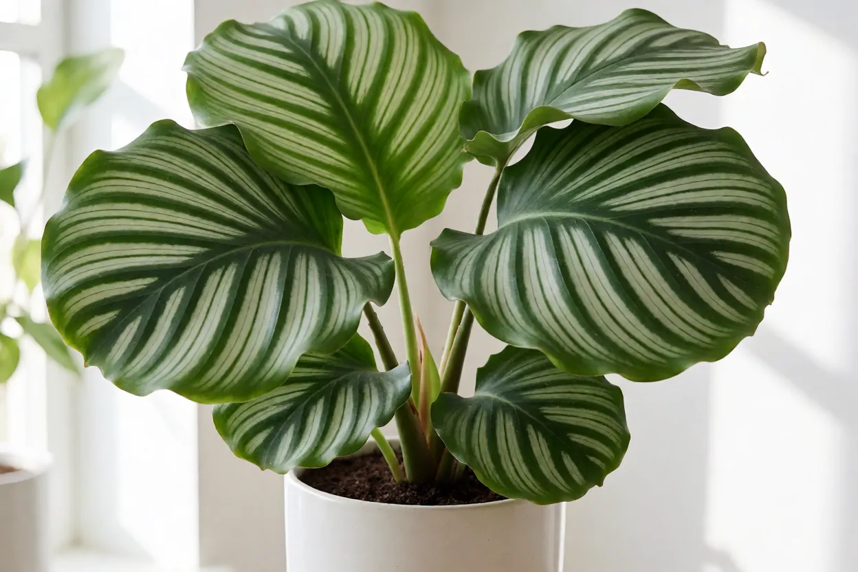 Calatéia orbifolia adulta em vaso branco com folhas grandes listradas