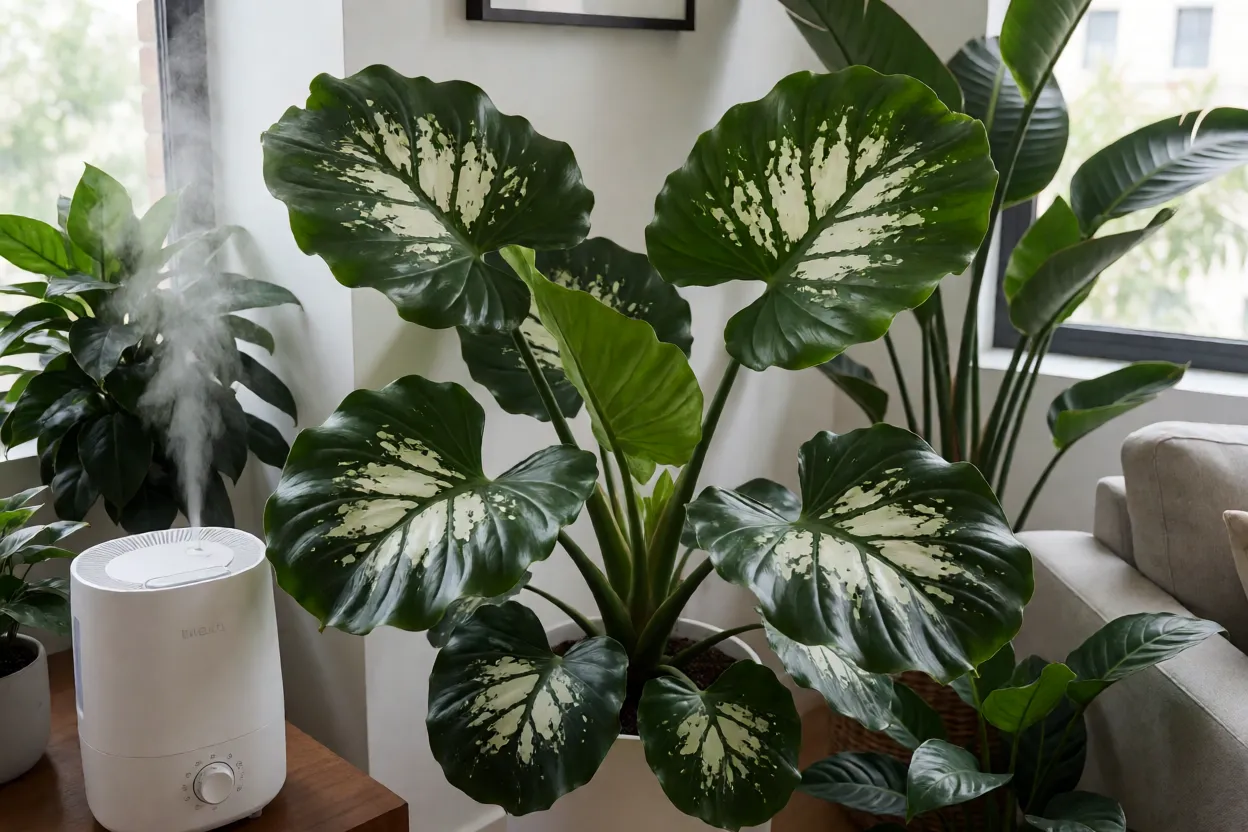Calathea orbifolia na decoração de sala com luz difusa