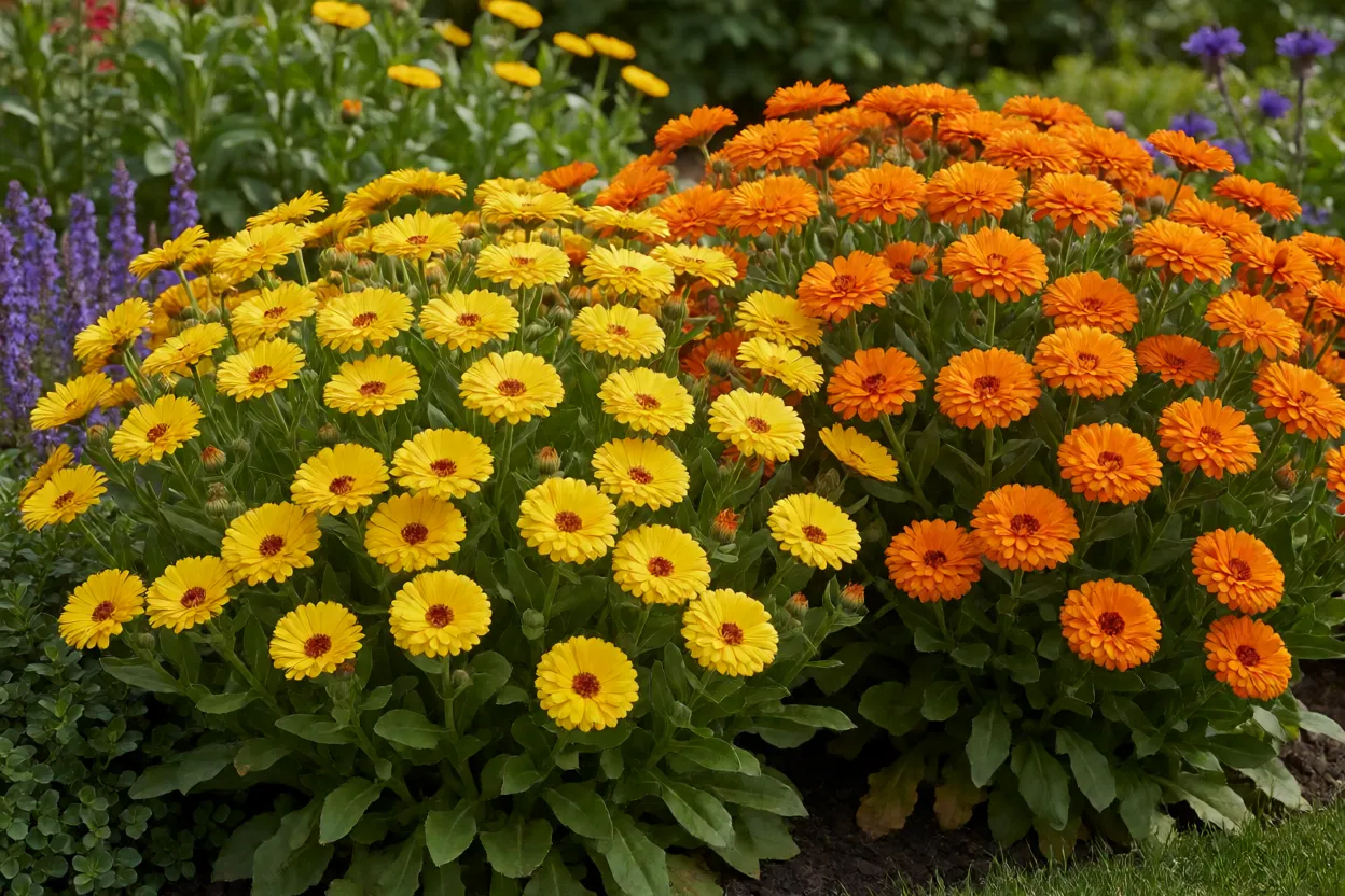Calêndula: características, cores, floração e como cultivar a flor Jardim colorido com calêndulas em destaque