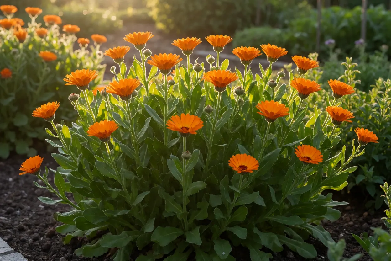 Calêndula: características, cores, floração e como cultivar a flor Calêndula recebendo sol da manhã em jardim