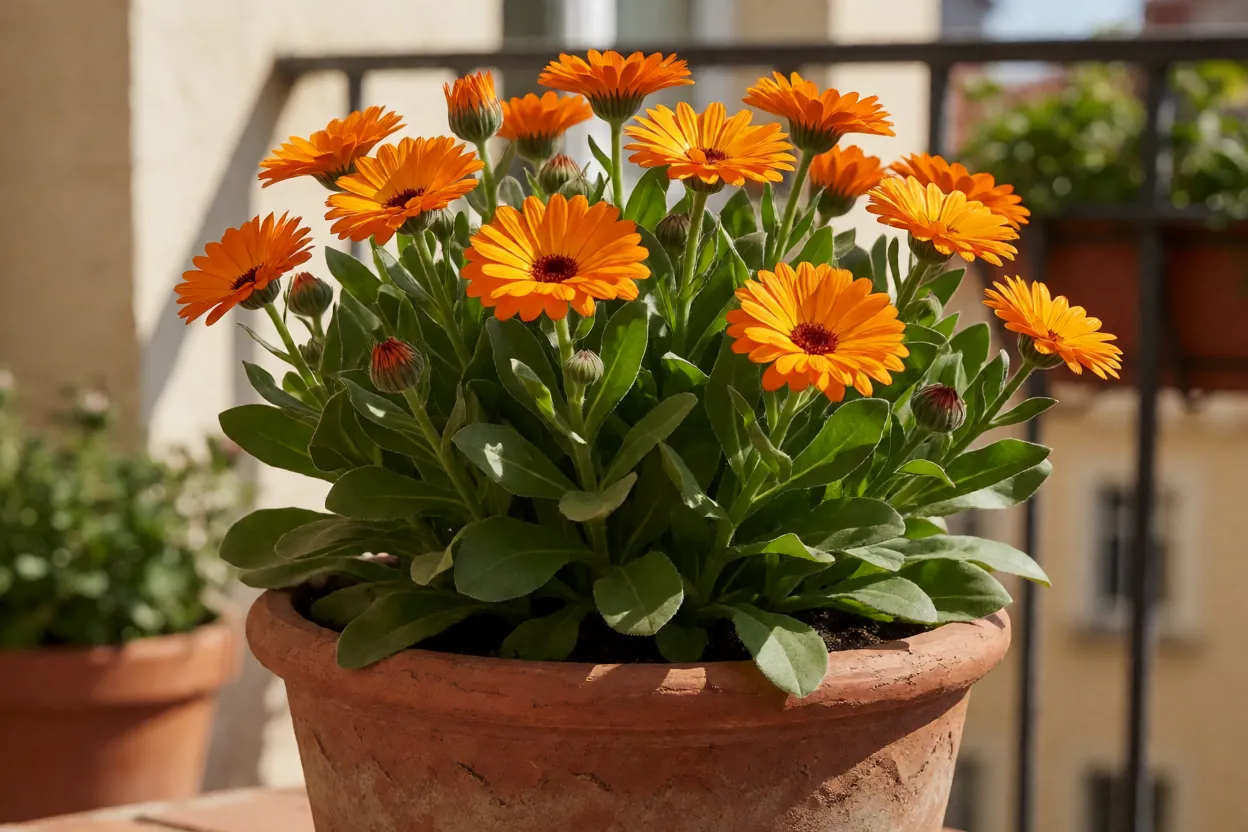 Calêndula: características, cores, floração e como cultivar a flor Calêndula cultivada em vaso de barro no terraço