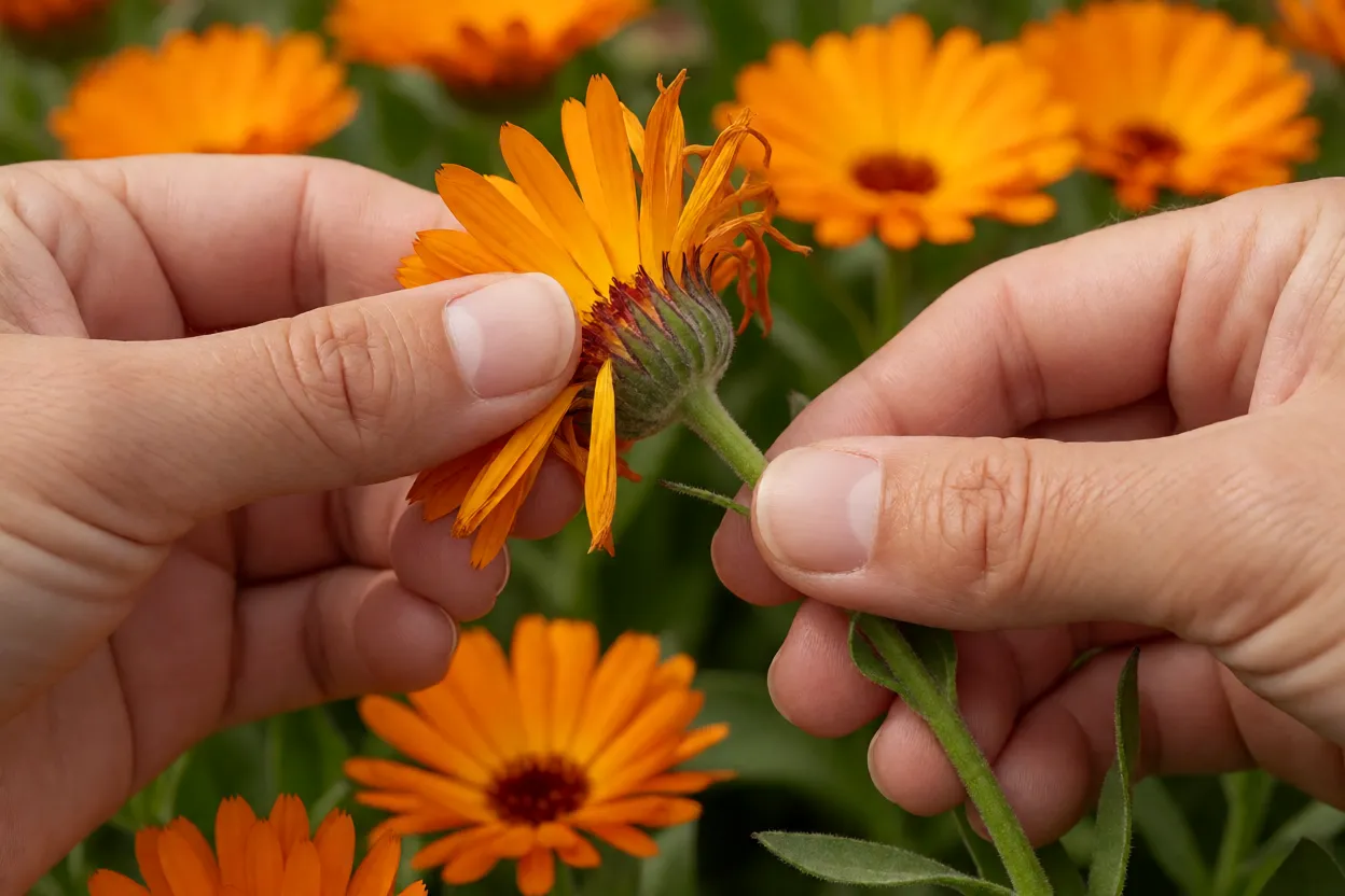 Calêndula: características, cores, floração e como cultivar a flor Mãos retirando flores murchas de calêndula
