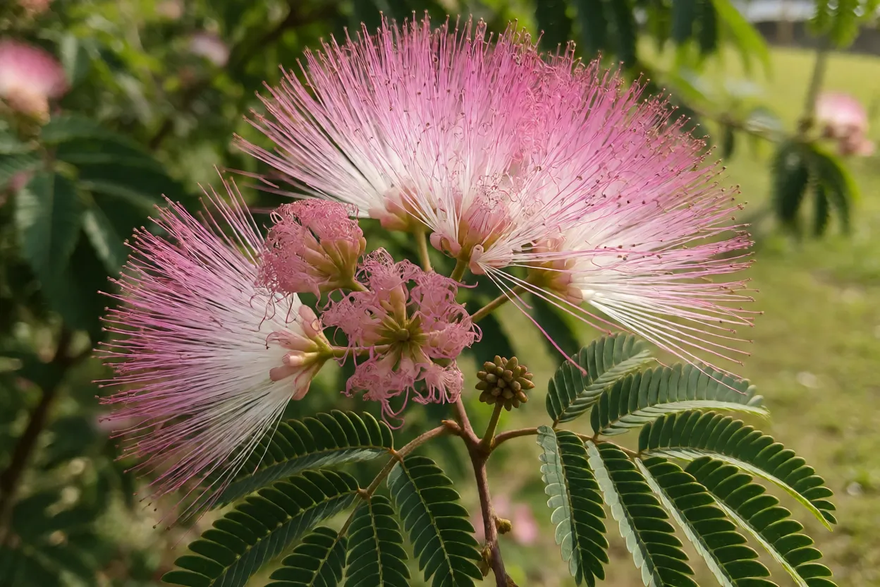 Flores rosa e brancas de caliandra brevipes com folhas bipinadas