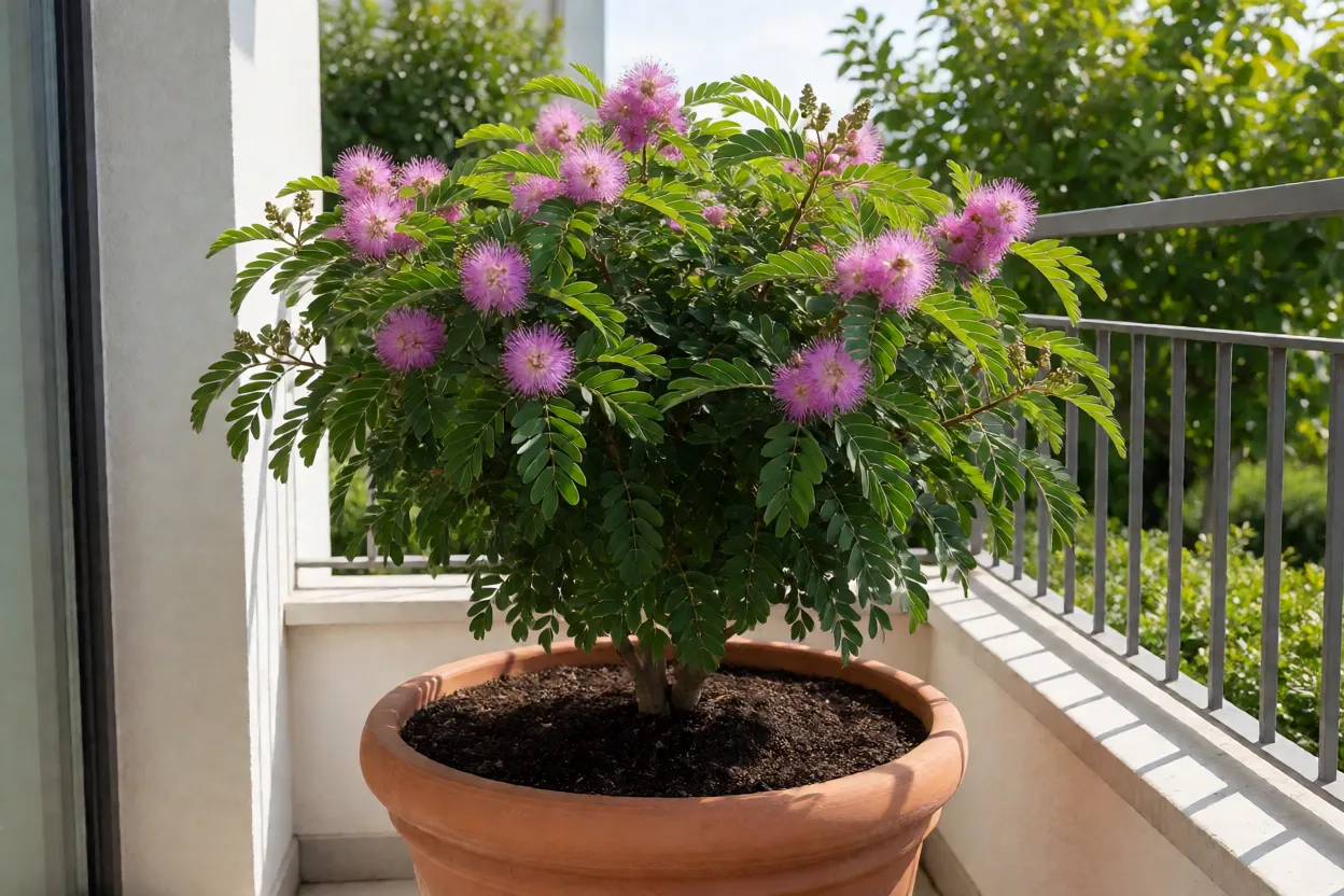 Caliandra cultivada em vaso grande em varanda ensolarada