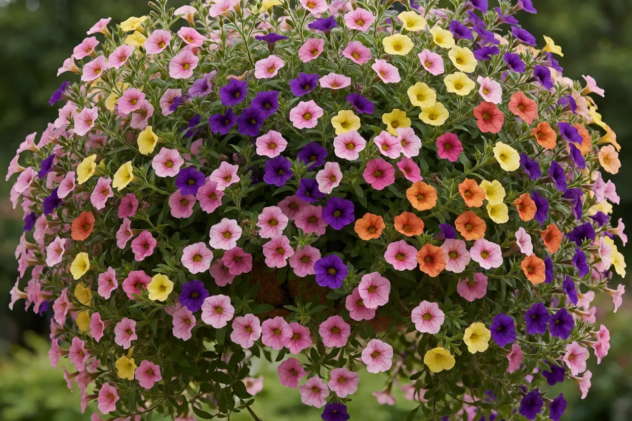 Calibrachoa: como cuidar da planta pendente em vasos e cestas Calibrachoa com flores coloridas em cesta suspensa
