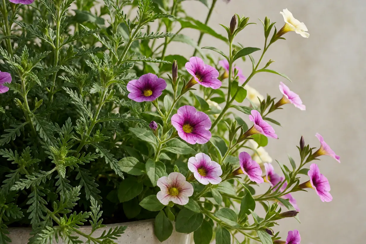 Calibrachoa: como cuidar da planta pendente em vasos e cestas Composição de vasos com calibrachoa e outras plantas