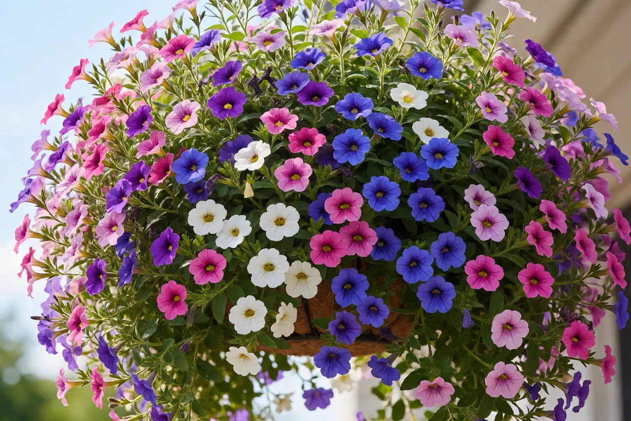 Calibrachoa: como cuidar da planta pendente em vasos e cestas Cesta exuberante de calibrachoa em plena floração