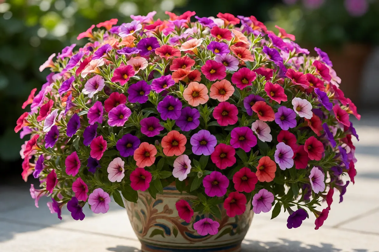 Calibrachoa: como cuidar da planta pendente em vasos e cestas Calibrachoa saudável em vaso com flores abundantes