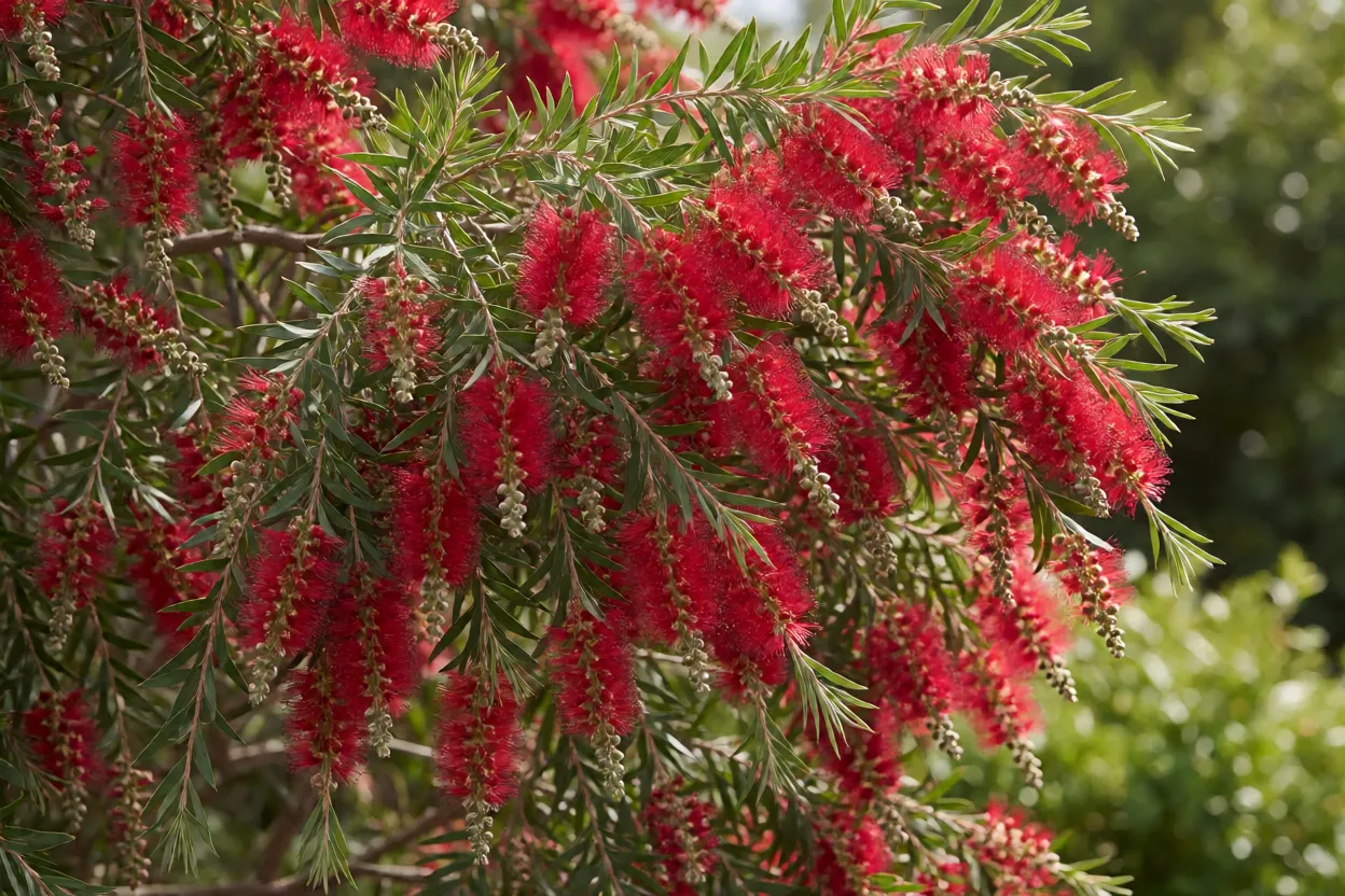 Calistemo em flor com escovas vermelhas densas