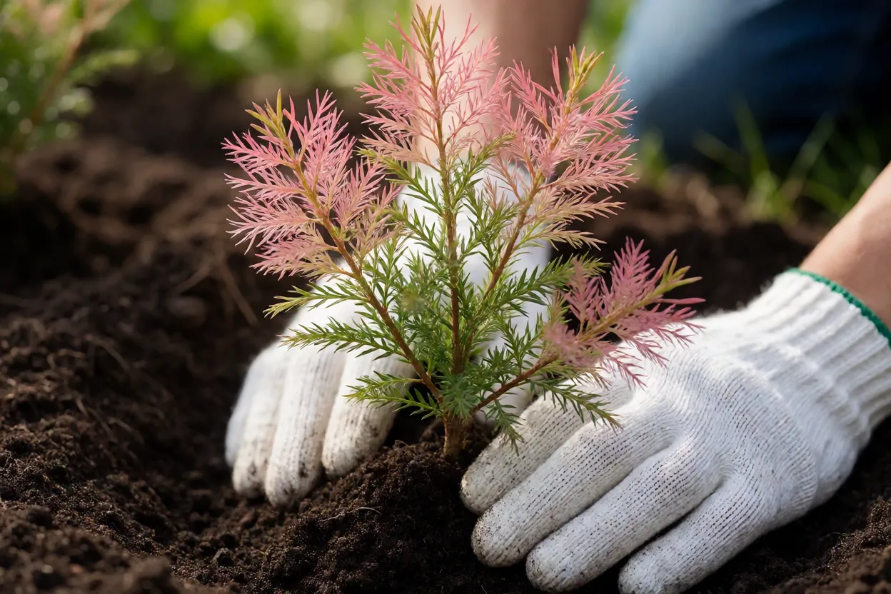 Plantio de muda de calistemo no jardim