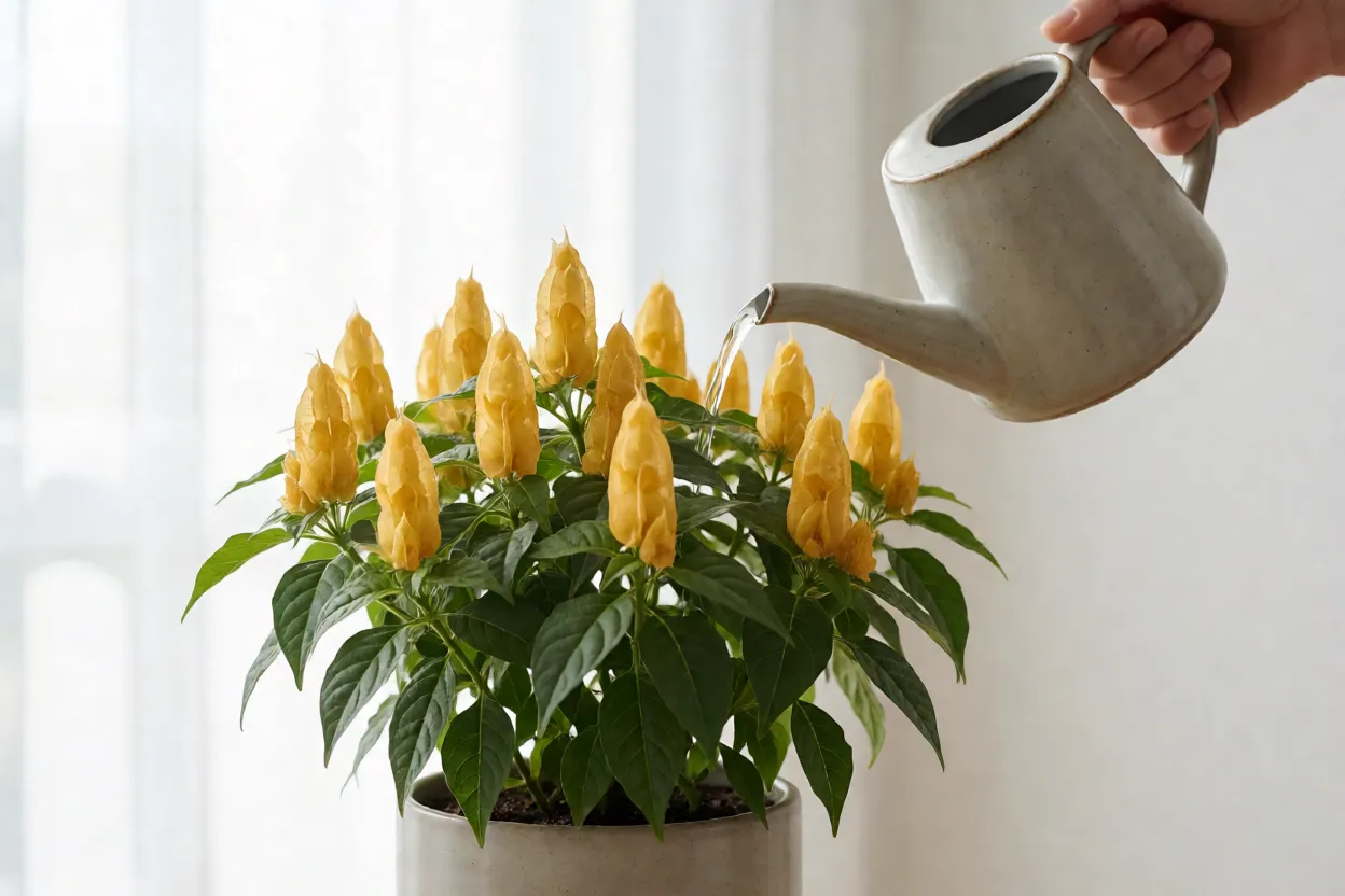 Regando um vaso de camar&atilde;o-amarelo