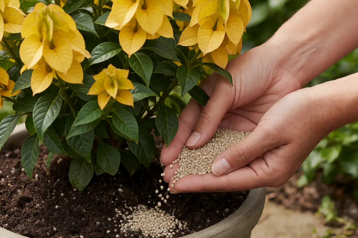 Aplica&ccedil;&atilde;o de adubo granulado em vaso de camar&atilde;o-amarelo