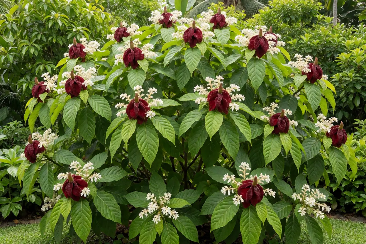 Camarão-vermelho arbusto adulto florido no jardim com brácteas vermelho-escuras