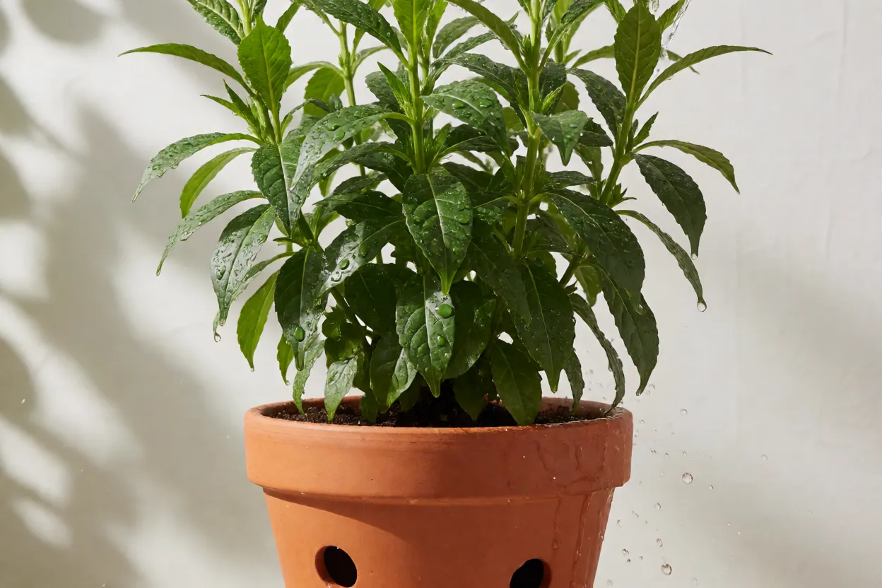 Regando camar&atilde;o-vermelho cultivado em vaso