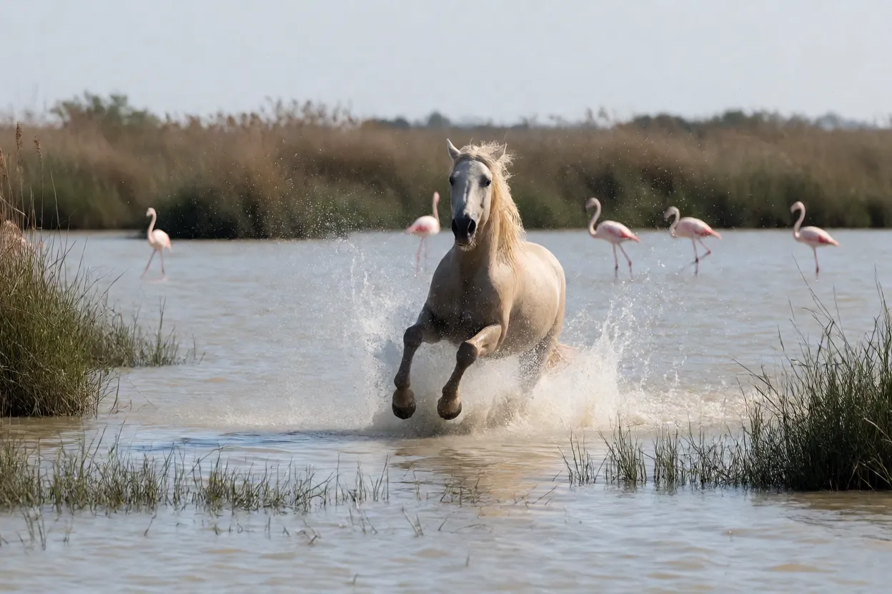 Cavalo Camarguês galopando na água rasa do delta