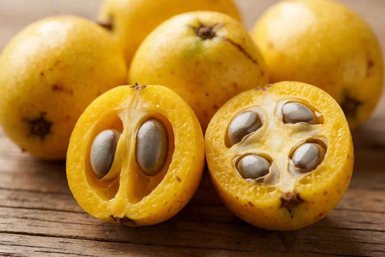 Frutos de cambucá inteiros e cortado ao meio mostrando polpa amarela e sementes