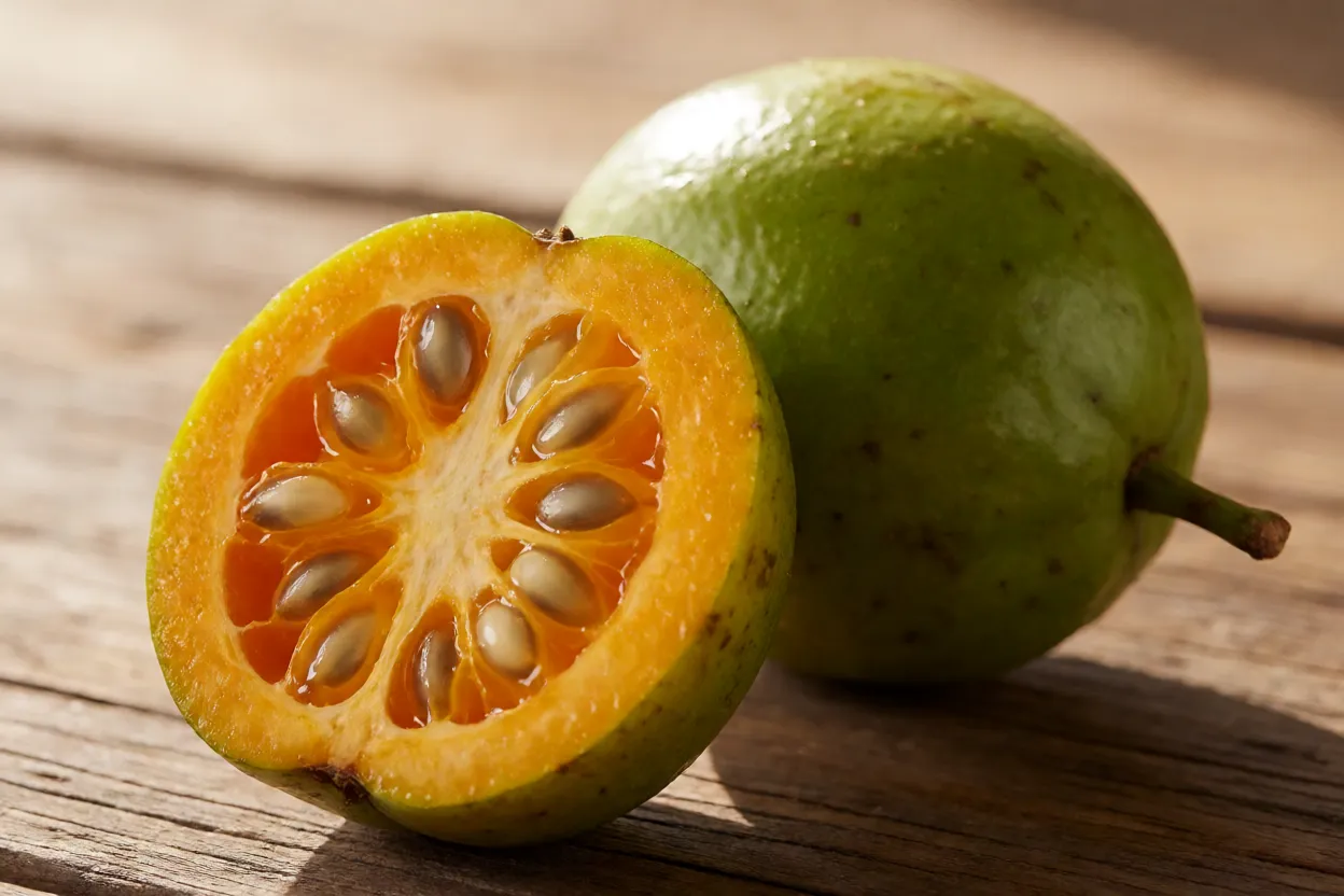 Frutos de cambuci inteiros e um cortado ao meio mostrando polpa e sementes