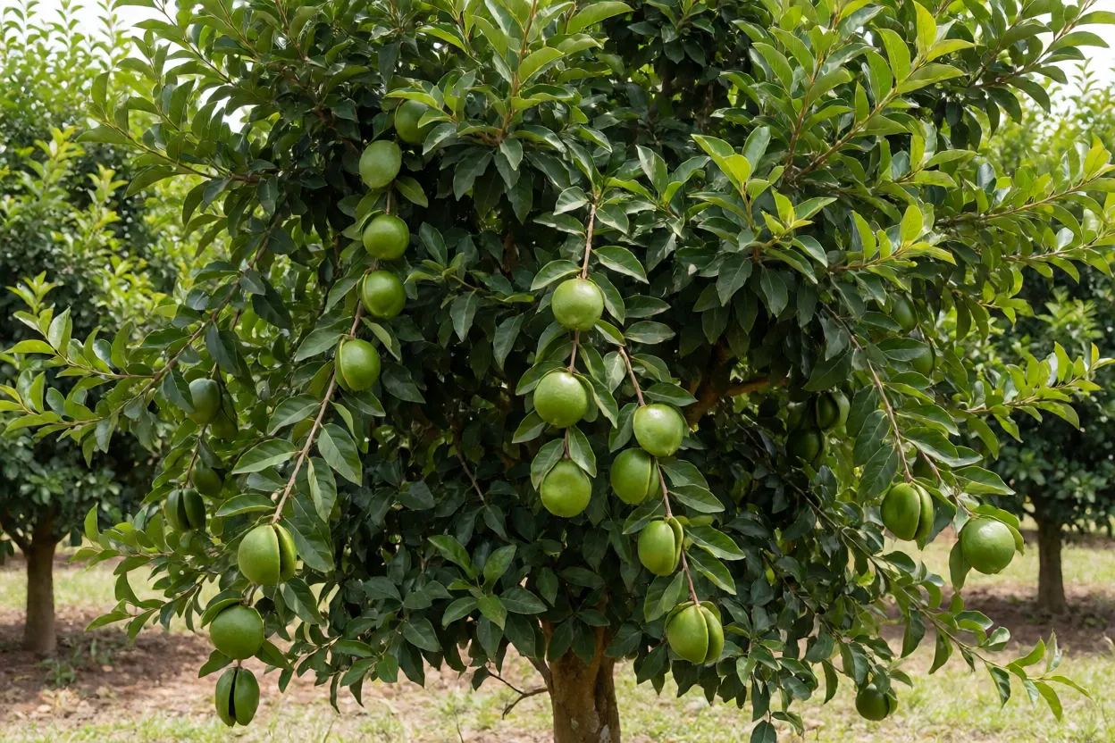 Cambucizeiro com frutos verdes achatados pendentes na árvore