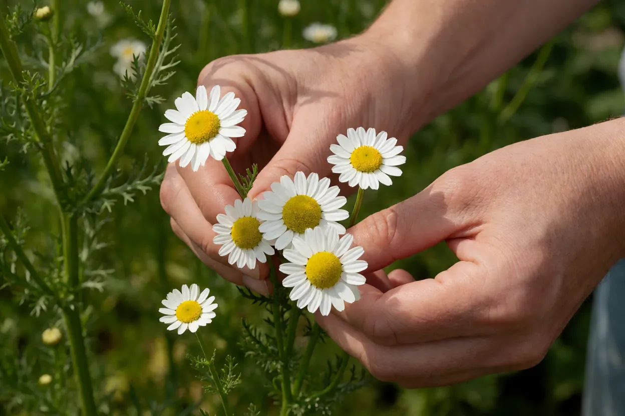 Camomila: características, floração, cultivo e cuidados com a planta Mãos colhendo flores de camomila no ponto ideal de abertura