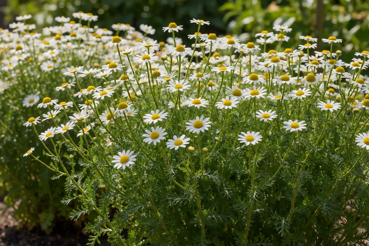 Camomila: características, floração, cultivo e cuidados com a planta Camomila saudável livre de pragas em canteiro arejado