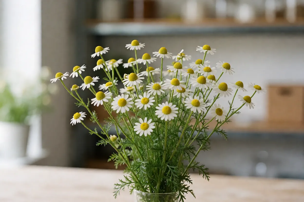 Camomila: características, floração, cultivo e cuidados com a planta Camomila em estágio de colheita com flores maduras