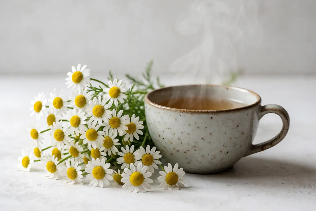 Camomila: características, floração, cultivo e cuidados com a planta Xícara de chá de camomila ao lado de flores frescas colhidas