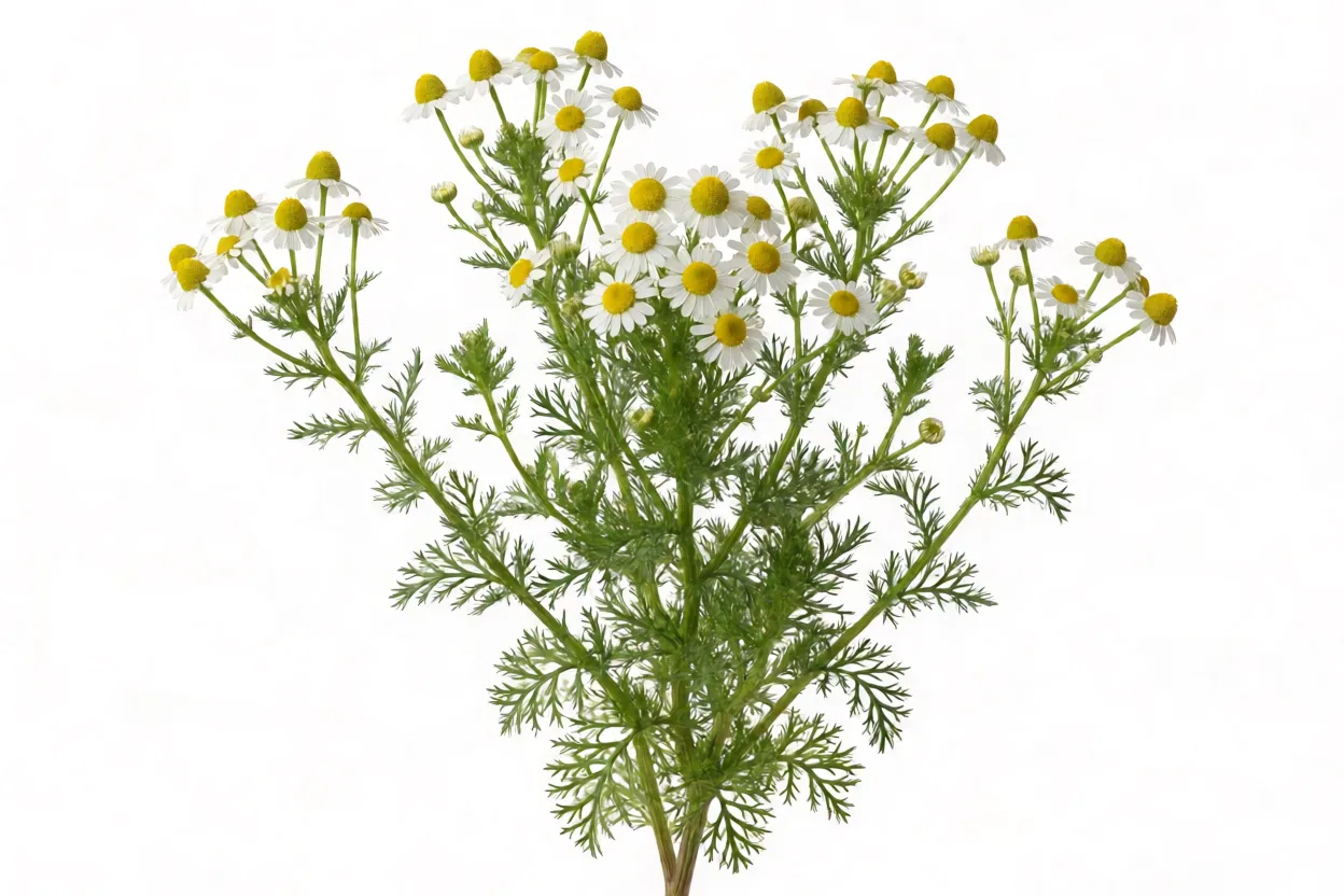 Camomila: características, floração, cultivo e cuidados com a planta Planta de camomila alemã mostrando folhas finas e flores abertas
