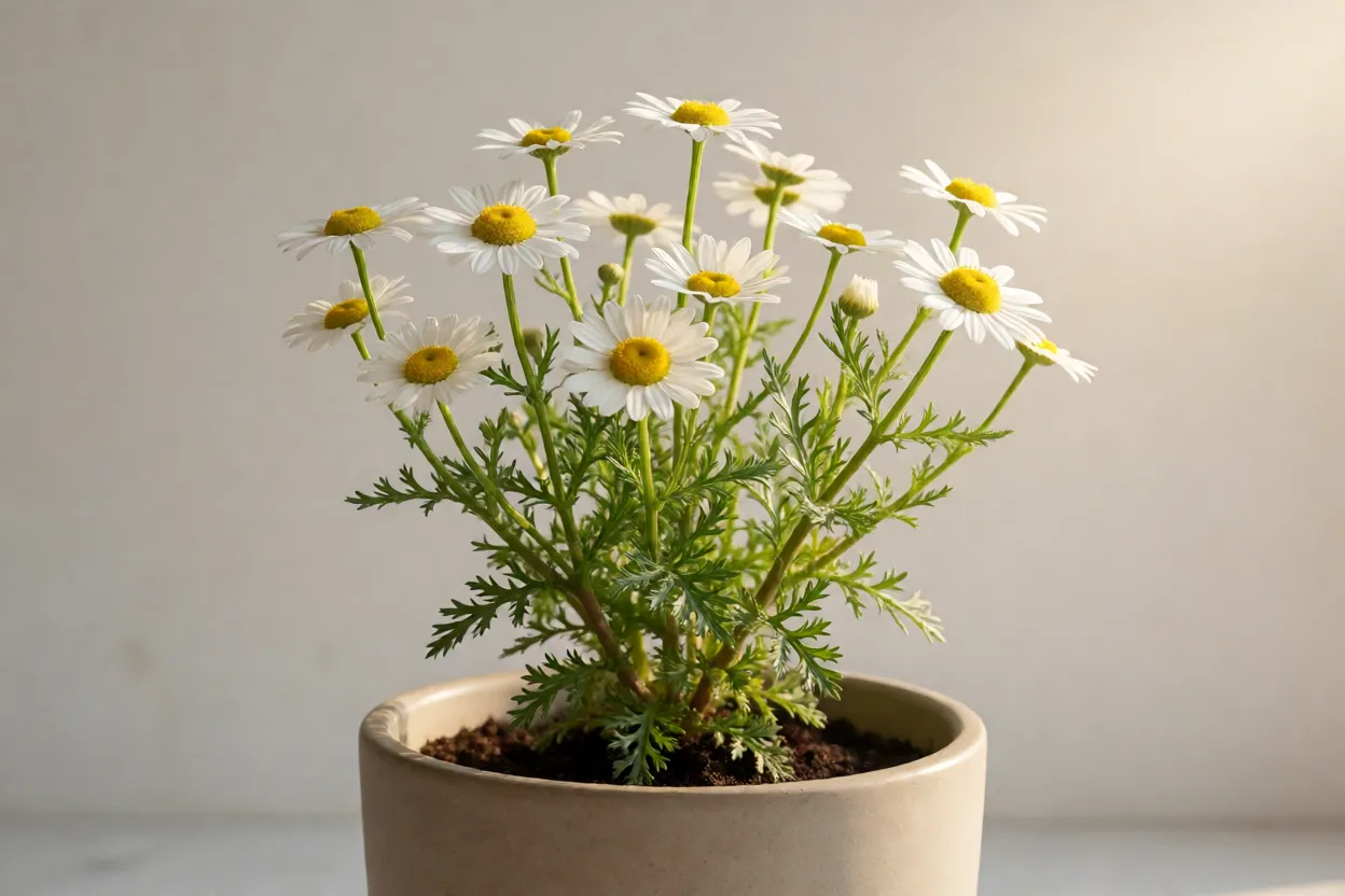 Camomila: características, floração, cultivo e cuidados com a planta Camomila cultivada em vaso recebendo sol da manhã