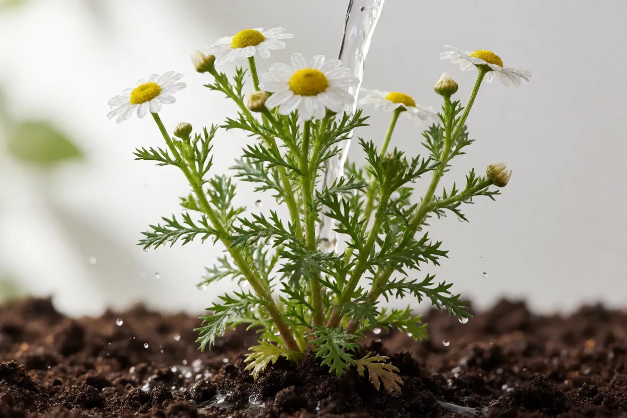 Camomila: características, floração, cultivo e cuidados com a planta Rega moderada de muda de camomila no solo