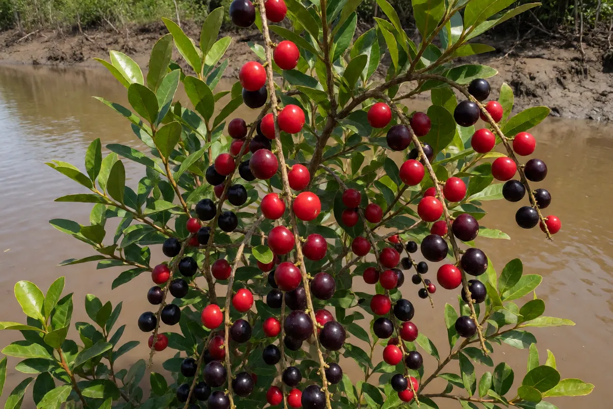 Camu-camuzeiro com frutos maduros vermelhos e roxos nos ramos em área de várzea