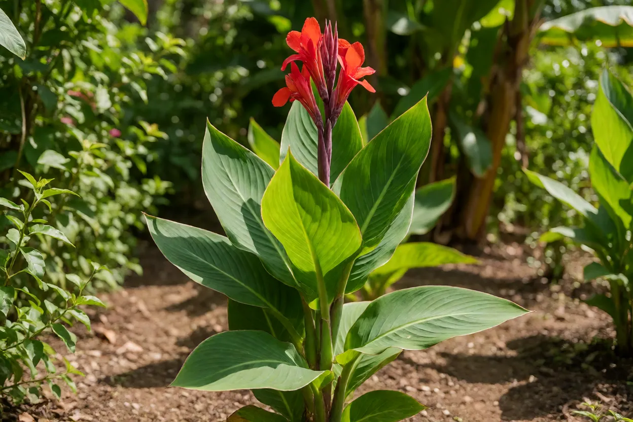 Cana-da-índia Cana-da-índia adulta com folhas grandes verdes e flores vermelhas em canteiro ensolarado