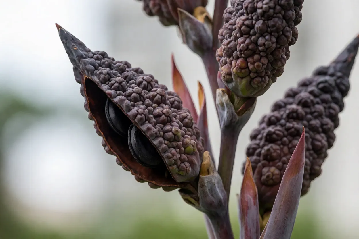 Cápsulas e sementes pretas e duras da Cana-da-índia