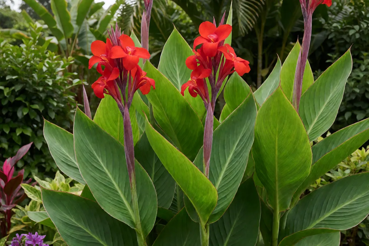 Cana-da-&iacute;ndia com flores vermelhas e folhas verdes em jardim tropical
