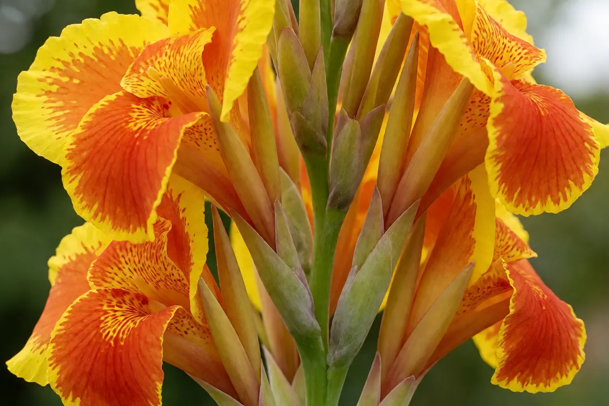 Espiga de flores amarelas e laranja da cana-da-&iacute;ndia