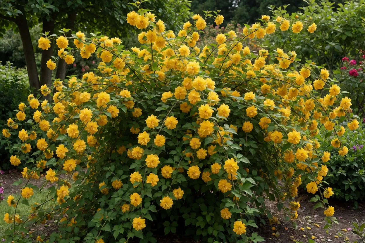 Cananga-do-japão arbusto florido com flores amarelas dobradas em jardim
