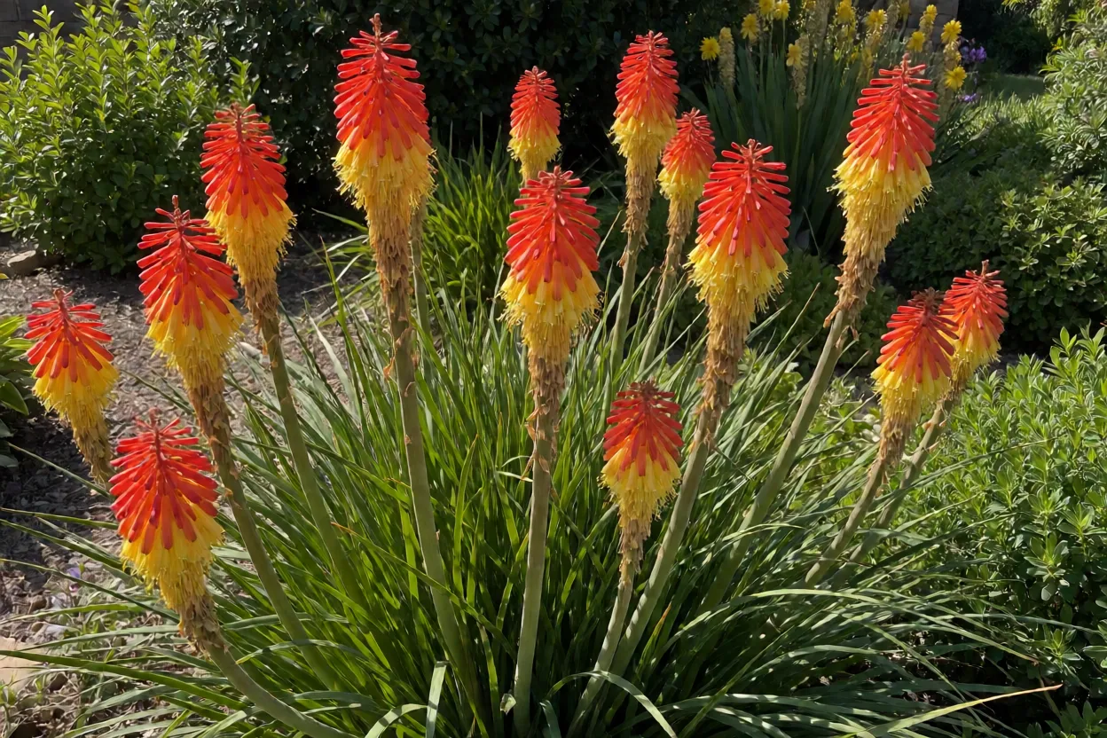 Candelária (Kniphofia uvaria) adulta com inflorescências em forma de tocha vermelha e amarela no jardim
