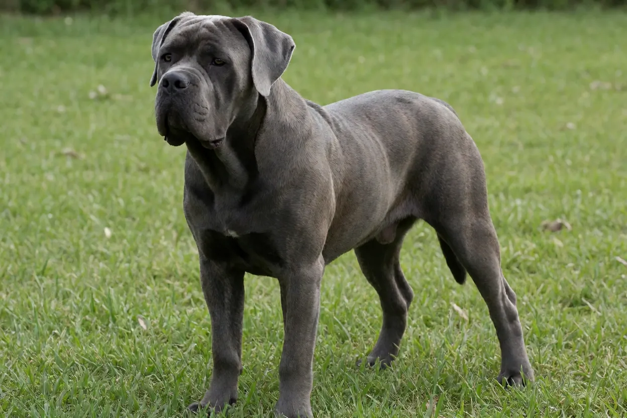 Cachorro Cane Corso adulto de corpo inteiro em pé na grama, pelagem tigrada cinza