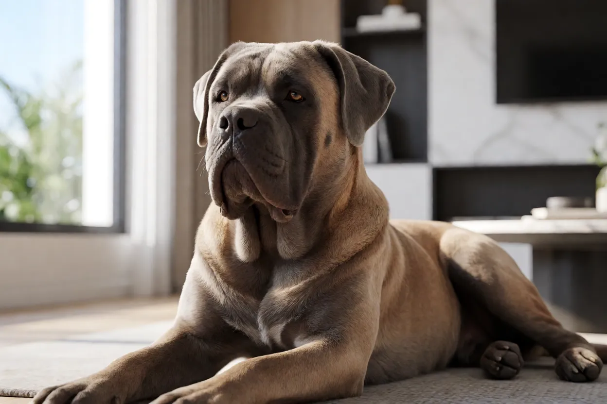 Cane Corso descansando em apartamento moderno