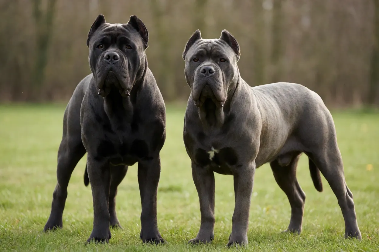 Cane Corso macho e f&ecirc;mea lado a lado para comparar tamanho