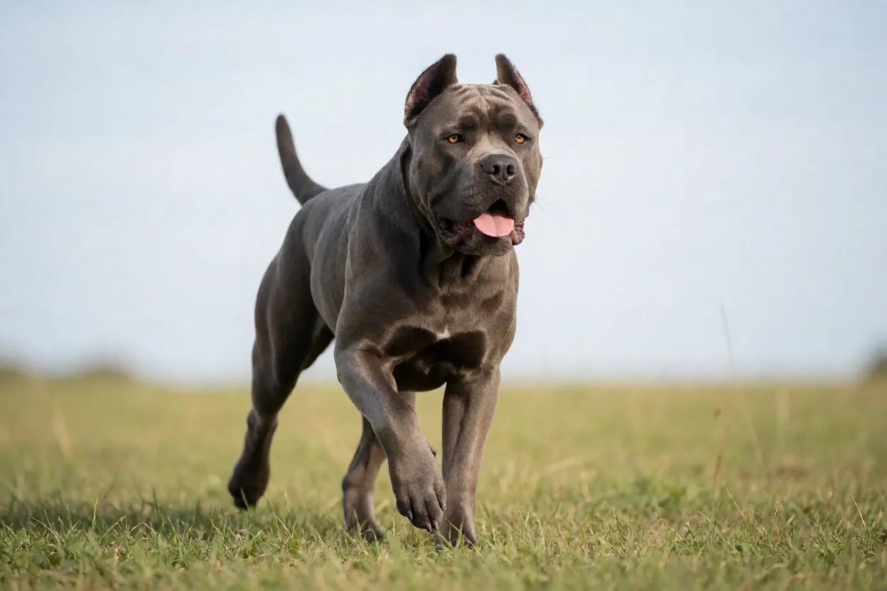 Cane Corso correndo em campo aberto em trote longo