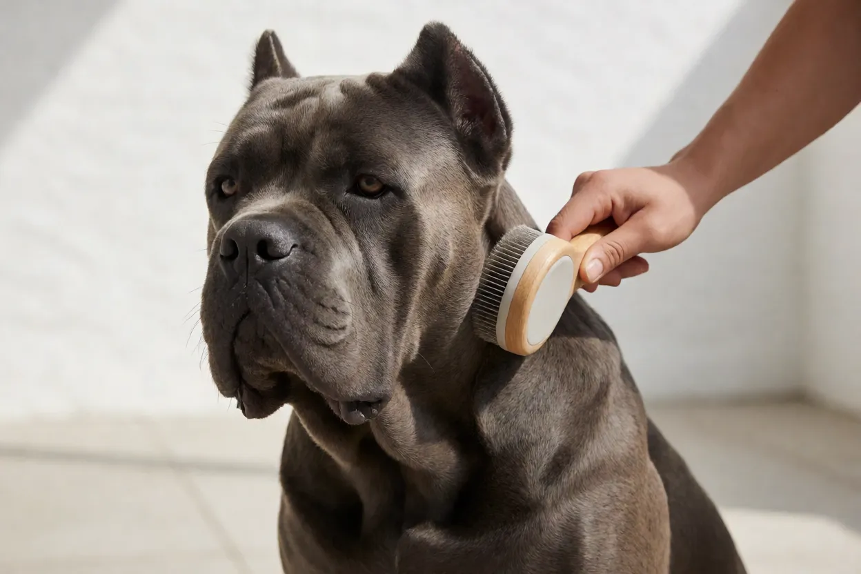 Cane Corso sendo escovado com escova de borracha